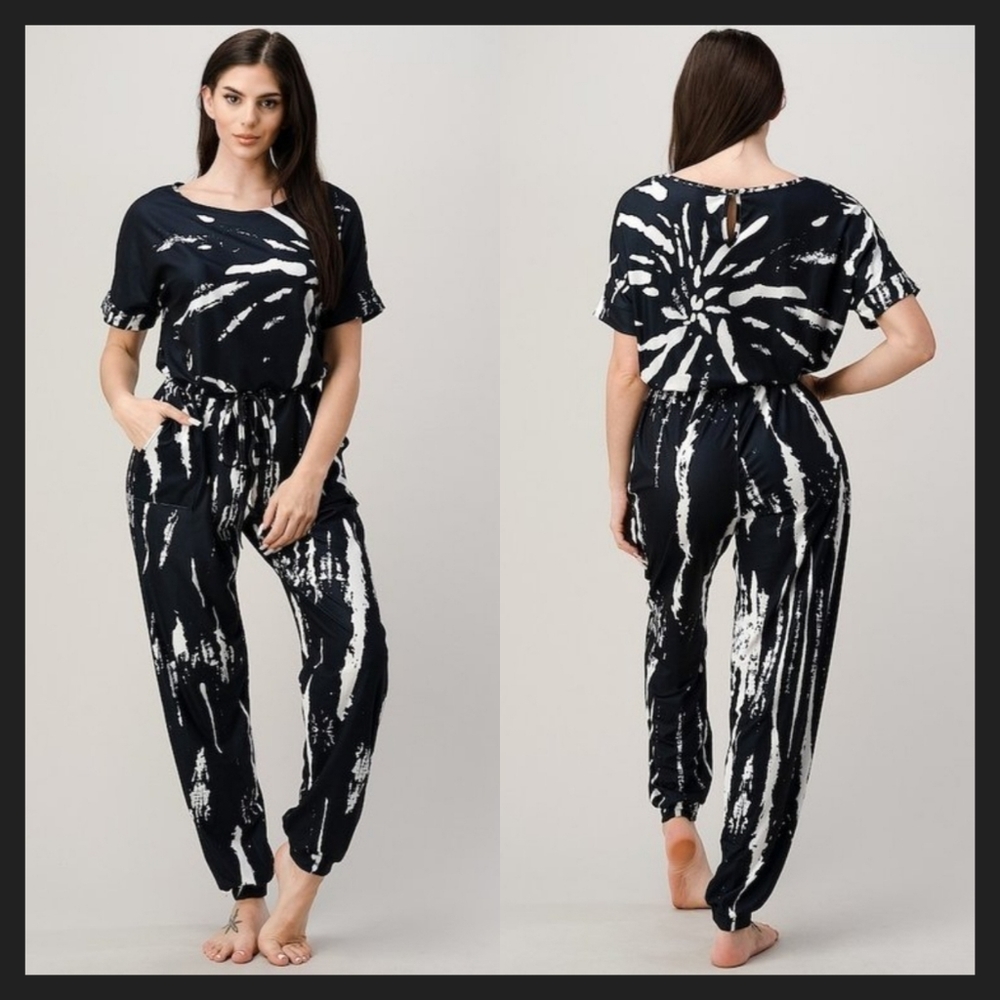 Tie Dyed Jogger Lounge set Medium Black White